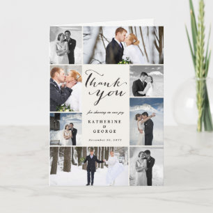 Modern Classy Script 8 Multi Photo Stylish Wedding Letterpress Thank You Card