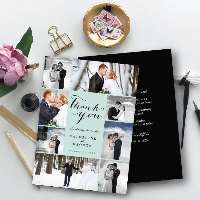 Modern Classy Script 8 Multi Photo Stylish Wedding Thank You Card (Modern Classy Script 8 Multi Photo Collage Stylish Wedding Thank You Card @ fatfatin_blue_knot)