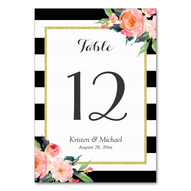Modern Classy Stripes Floral Wedding Table Number Card