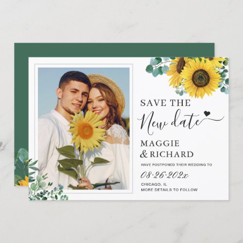 Modern Classy Sunflowers Photo Save the New Date Save The Date - Modern Classy Sunflowers Photo Save the New Date Card. 
(1) For further customization, please click the "customize further" link and use our design tool to modify this template. 
(2) If you prefer thicker papers / Matte Finish, you may consider to choose the Matte Paper Type.