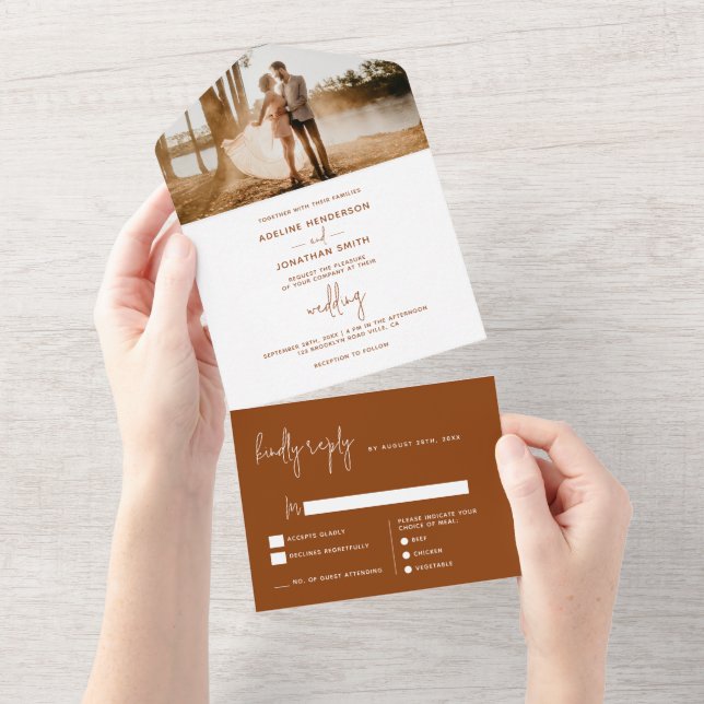 Modern Classy Terracotta Rust Photo Wedding All In One Invitation (Tearaway)