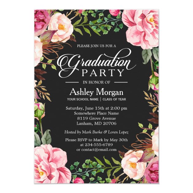 Modern Classy Typography Floral Graduation Party Card (front side)