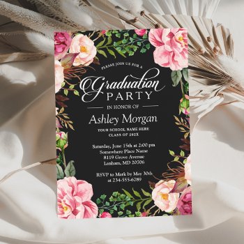 Modern Classy Typography Floral Graduation Party Invitation by CardHunter at Zazzle