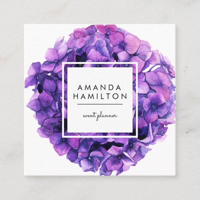 Modern Classy Ultraviolet flower hydrangea Square Business Card (Front)