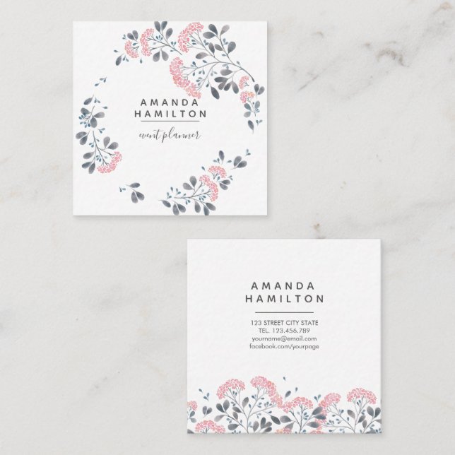 Modern Classy  Watercolor circle Bouquet pink Square Business Card (Front/Back)