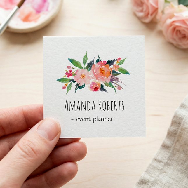 Modern Classy Watercolor Floral Personalized Square Business Card (Creator Uploaded)