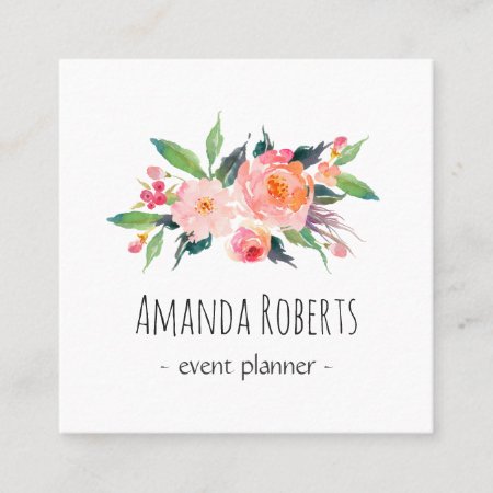 Modern Classy Watercolor Floral Personalized Square Business Card