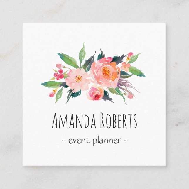 Modern Classy Watercolor Floral Personalized Square Business Card (Front)