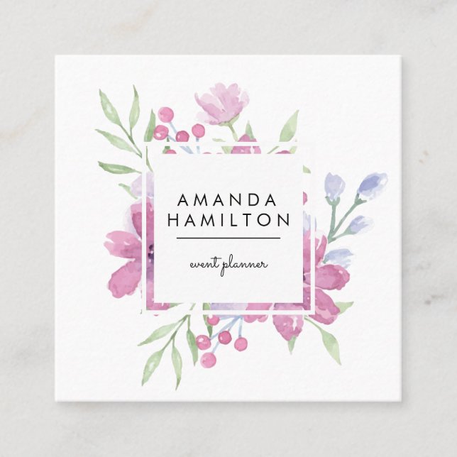 Modern Classy Watercolor Flower and leaves Square Business Card (Front)