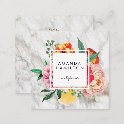 Modern Classy Watercolor Peony Floral MARBLE Square Business Card