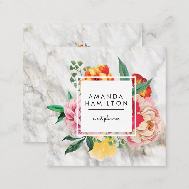 Modern Classy Watercolor Peony Floral MARBLE Square Business Card (Front/Back)