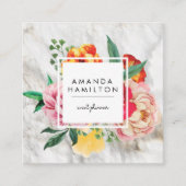 Modern Classy Watercolor Peony Floral MARBLE Square Business Card (Front)