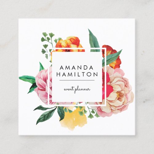 Modern Classy Watercolor Peony Floral QR CODE Square Business Card