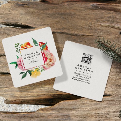 Modern Classy Watercolor Peony Floral QR CODE Square Business Card