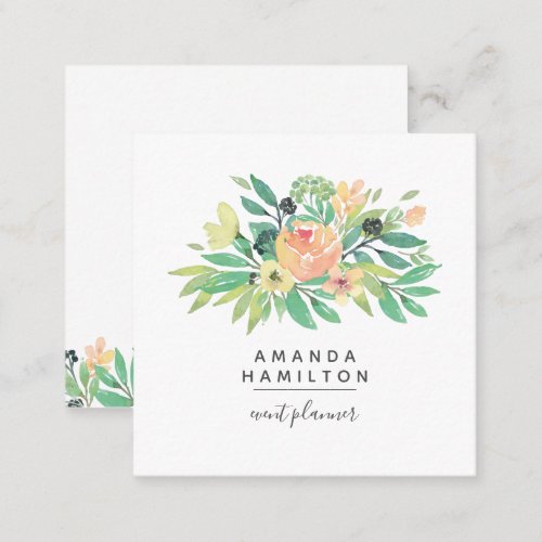 Modern Classy  Watercolor pink orange peony leaves Square Business Card