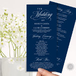 Modern Classy Wedding Ceremony Order Program<br><div class="desc">Wedding Ceremony Program in (long) Elegant Classy navy blue theme card.
 It is designed with scroll accent that can be personalised with custom/ personalised text for your bridal party,  ceremony details,  memorial notes and thank you message.</div>