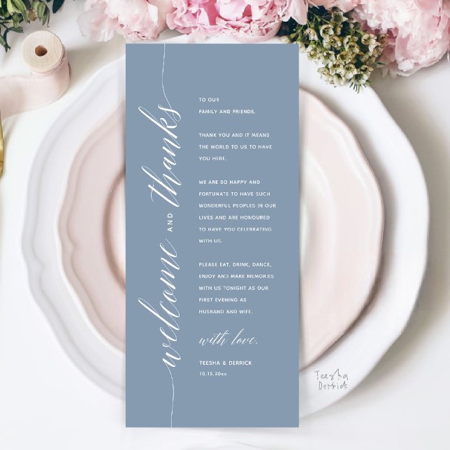 Modern Classy Wedding Dinner Thank You Card (Modern Classy Wedding Reception Dinner Thank You Card, Bridal Shower in Dusty Blue)