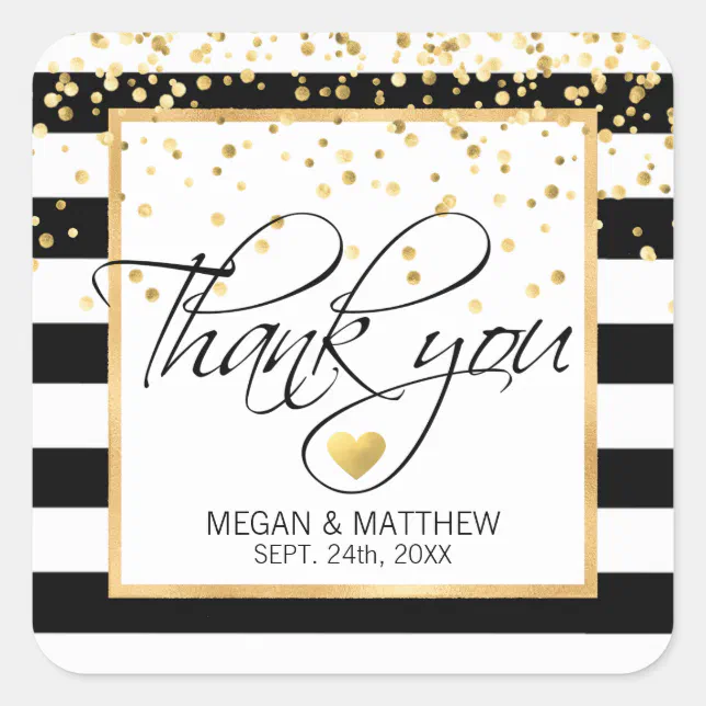 Modern Classy White Black & Gold Wedding Thank You Square Sticker | Zazzle