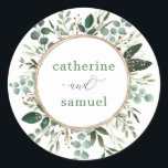 Modern   Clean Botanical Greenery Garden Wedding Classic Round Sticker<br><div class="desc">This classy round sticker features beautiful and lush watercolor botanical greenery complimented with modern and stylish lettering. Use the template fields to add your own wording. Please click the "Customize Further" button to re-arrange elements if required.</div>