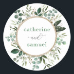 Modern   Clean Botanical Greenery Garden Wedding Classic Round Sticker<br><div class="desc">This classy round sticker features beautiful and lush watercolor botanical greenery complimented with modern and stylish lettering. Use the template fields to add your own wording. Please click the "Customize Further" button to re-arrange elements if required.</div>