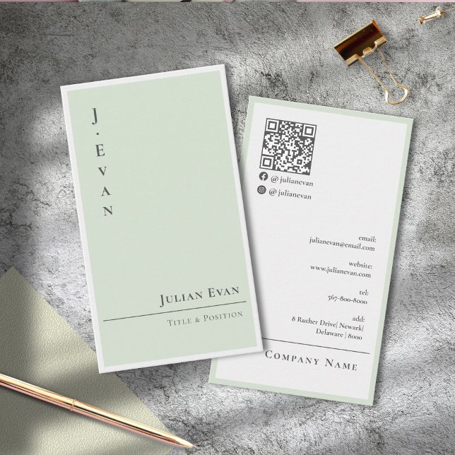Modern Clean Chic Sage Green Scannable QR Code Business Card (Modern Clean Chic Sage Green Scannable QR Code Business Card)