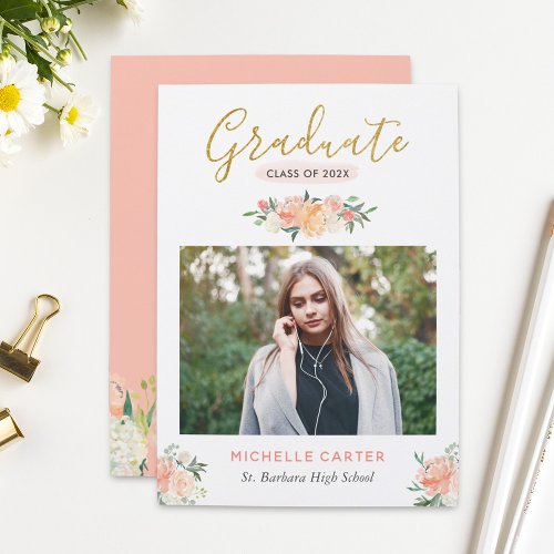 Modern Clean Coral Peach Floral Photo Graduation Announcement