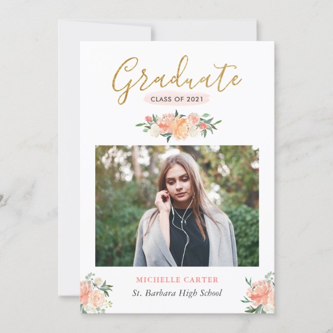 Modern Clean Coral Peach Floral Photo Graduation Announcement