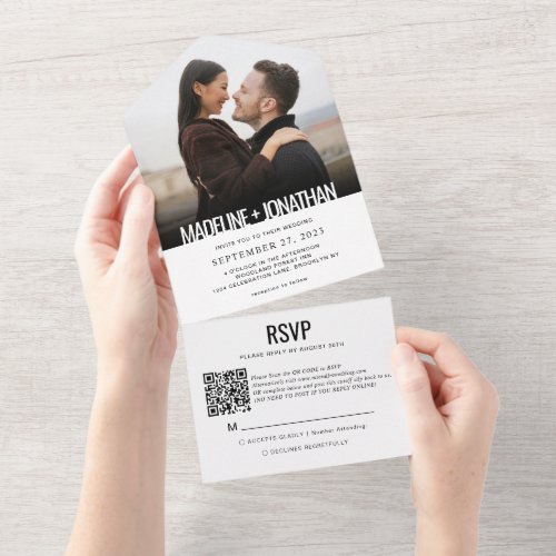 Modern Clean Minimalist Photo QR Code Wedding All In One Invitation