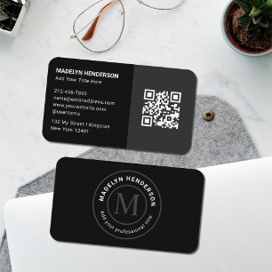 Modern Clean Simple 2 Black Stamp Monogram QR Code Business Card