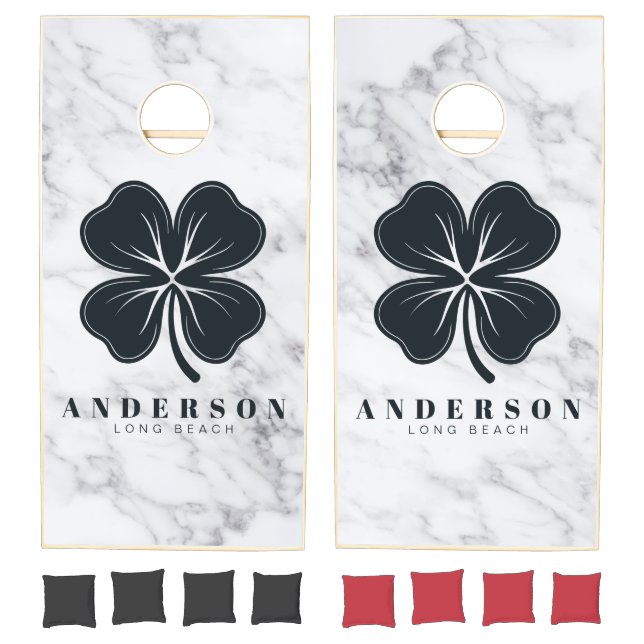 Modern Clean White Four Leaf Clover with Name Cornhole Set (Set)