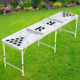 Modern Clean White Marble Family Name & Initial Beer Pong Table