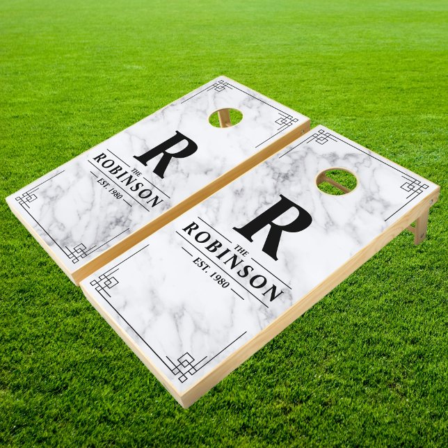 Modern Clean White Marble Family Name & Initial Cornhole Set (Creator Uploaded)