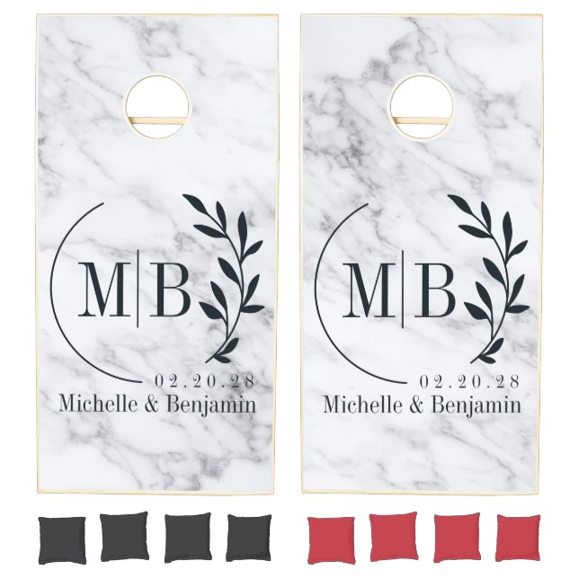 Modern Clean White Marble Leaf Wedding Monogram Cornhole Set (Set)