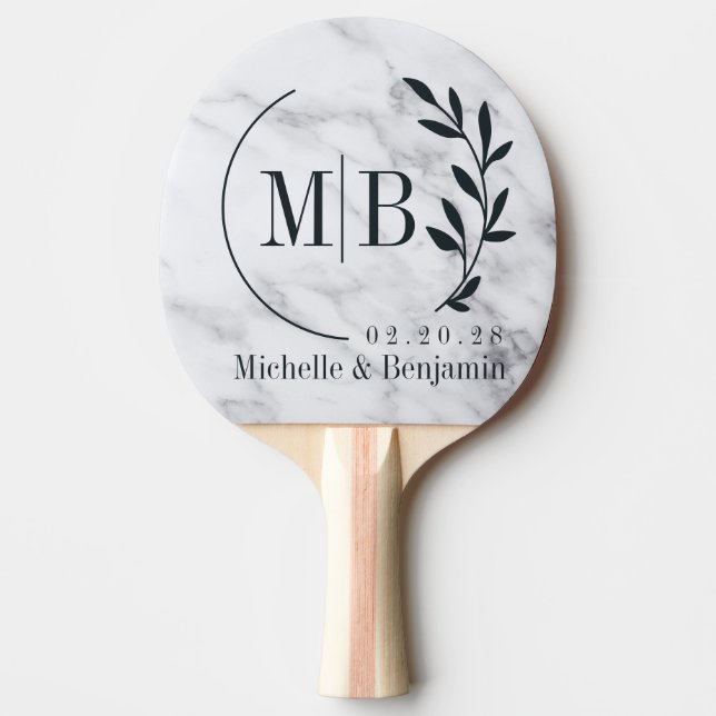Modern Clean White Marble Leaf Wedding Monogram Ping Pong Paddle (Front)
