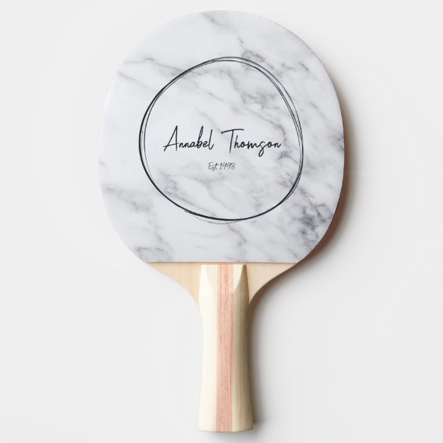 Modern Clean White Marble Name in Drawn Circle  Ping Pong Paddle (Front)
