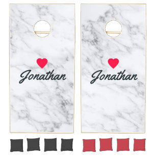 Modern Clean White Marble Vintage Heart Signature Cornhole Set