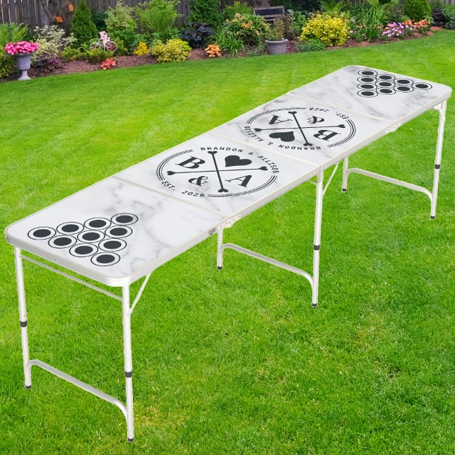 Modern Clean White Marble Wedding Heart Crossing Beer Pong Table (Creator Uploaded)