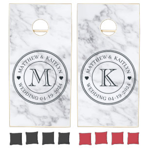 Modern Clean White Marble Wedding Monogram Heart Cornhole Set