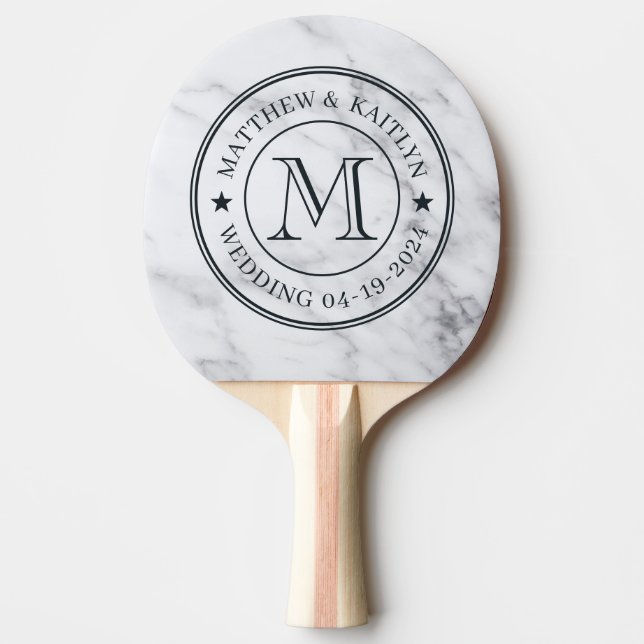 Modern Clean White Marble Wedding Monogram Star Ping Pong Paddle (Front)