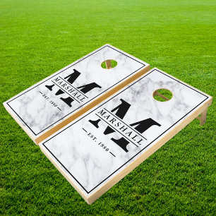 Modern Clean White Marble with Name & Initial Cornhole Set
