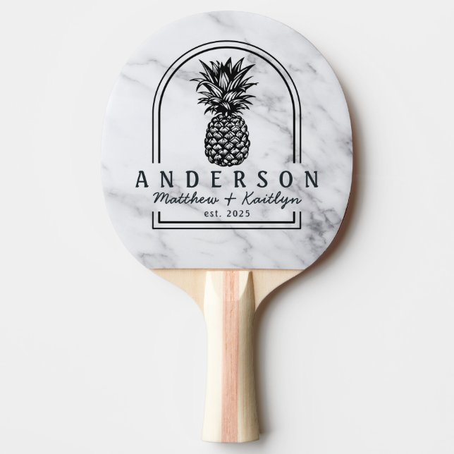 Modern Clean White Pineapple Wedding Arch &Name Ping Pong Paddle (Front)