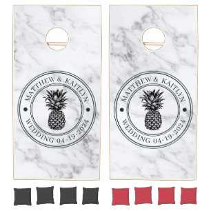 Modern Clean White Pineapple Wedding Crest & Names Cornhole Set