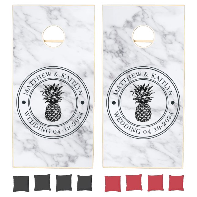 Modern Clean White Pineapple Wedding Crest & Names Cornhole Set (Set)