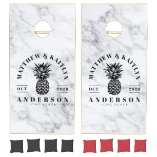 Modern Clean White Tropical Pineapple WeddingCrest Cornhole Set