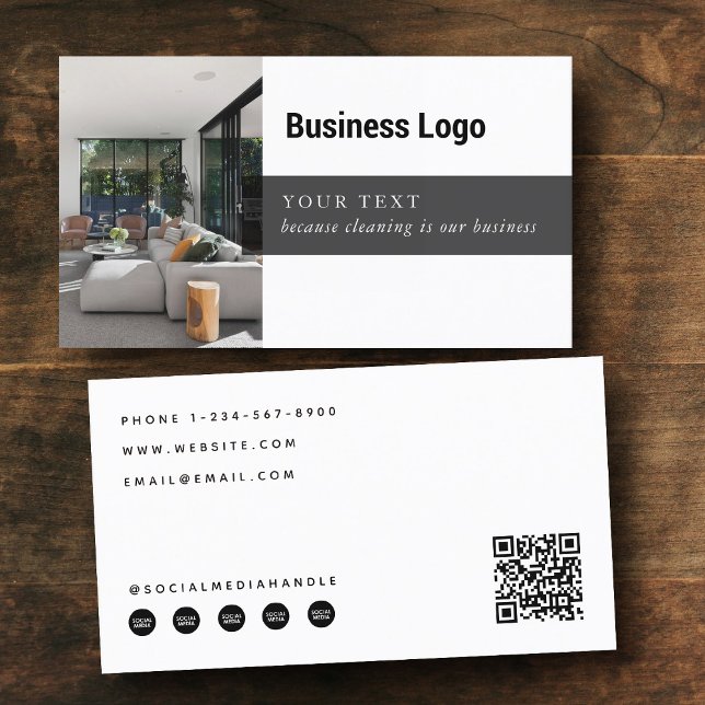Modern Cleaning Business Photo QR Code Logo Card (Modern Cleaning Business Photo QR Code Logo Business Card)