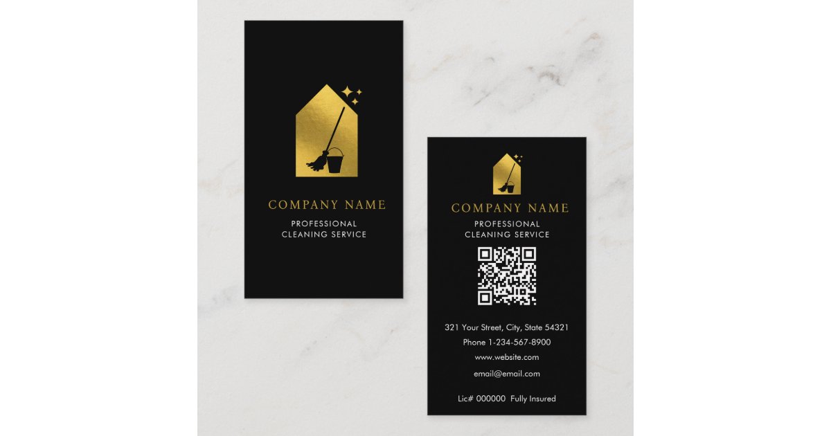 Modern Cleaning Cleaner Service Logo Gold QR Code Business Card | Zazzle