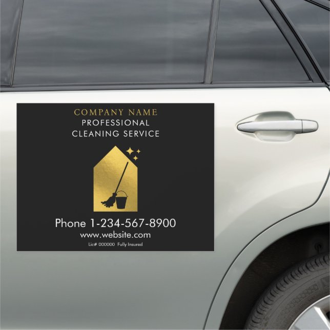 Modern Cleaning Cleaner Service Logo Gold QR Code Car Magnet (In Situ)