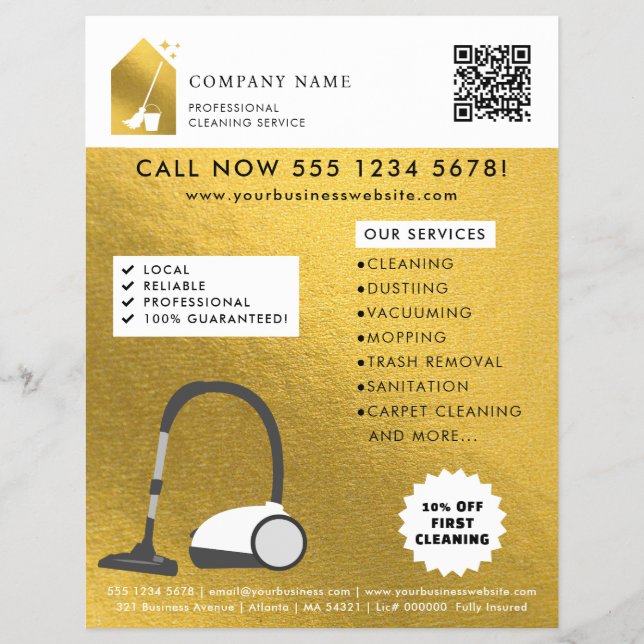 Modern Cleaning Cleaner Service Logo Gold QR Code Flyer (Front)