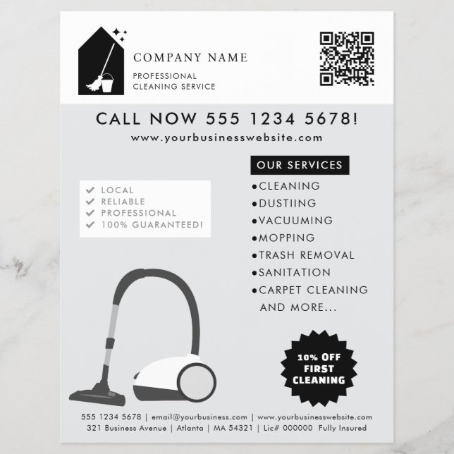 Modern Cleaning Cleaner Services Logo Gray QR Code Flyer (Front)