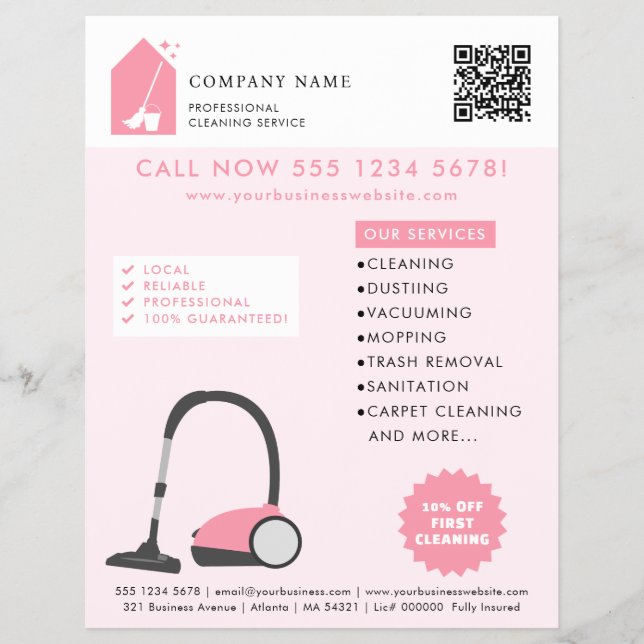 Modern Cleaning Cleaner Services Logo Pink QR Code Flyer (Front)